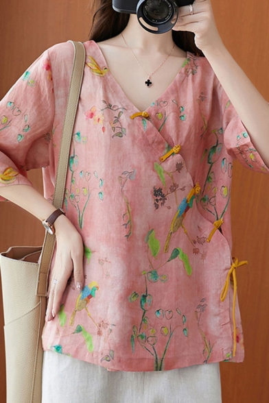 Chic Womens Chinese Style Flower Bird Print Frog Button Placket V Neck Half Sleeve Loose Blouse Top