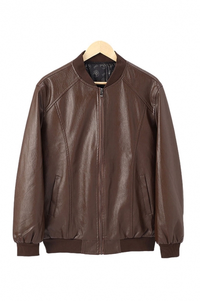 Cool Mens Jacket Plain Cuffed Zipper up Long Sleeve Stand Collar Regular Fit Leather Jacket