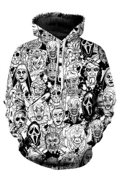 Creepy All-over Comic Figure 3D Pattern Long Sleeve Drawstring Pouch Pocket Relaxed Hoodie in White
