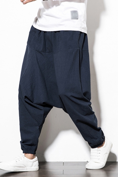 Fashion Mens Linen and Cotton Mid Rise Solid Color Long Harem Pants
