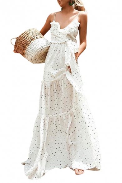 Gorgeous Ladies Polka Dot Printed Spaghetti Straps Ruffled Bow Tied Waist Maxi A-line Slip Dress in White