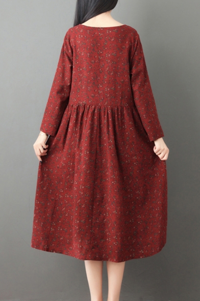 Ladies Vintage Ditsy Flower Printed Linen and Cotton Long Sleeve Round Neck Frog Button Mid Swing Dress