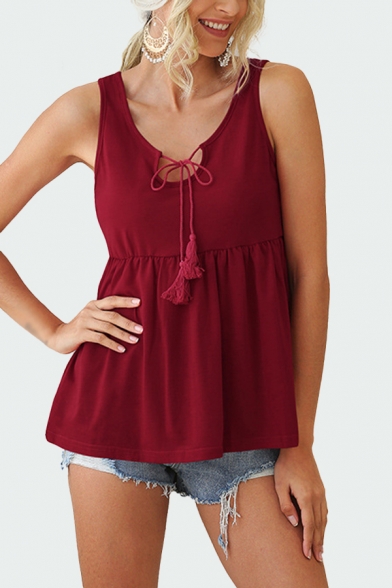 Leisure Girls Sleeveless Bow Tied Neck Ruffled Solid Color Relaxed Tank Top