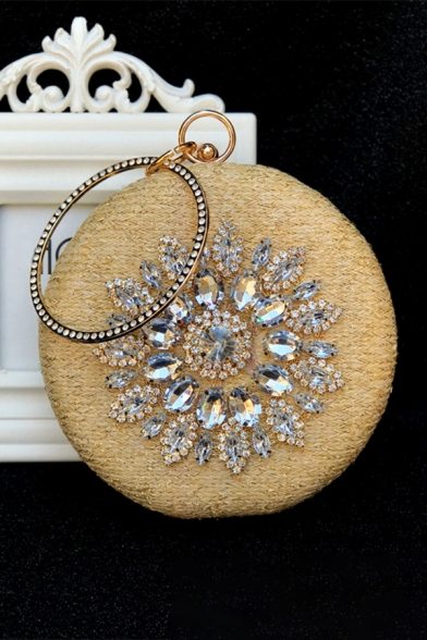 Luxury Solid Color Crystal Rhinestone Embellishment Gold Round Clutch Handbag 18*18 CM