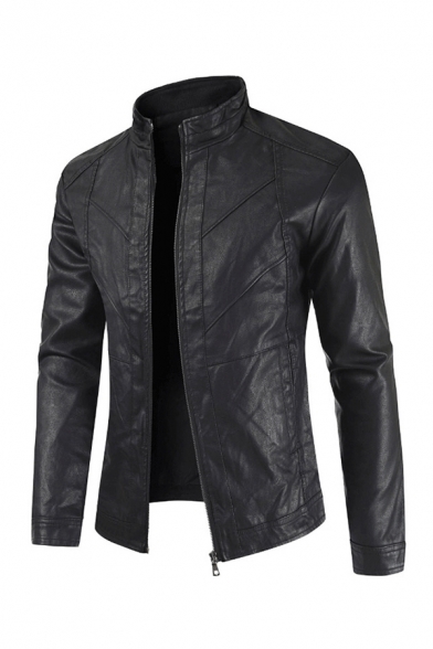 Mens Jacket Stylish Zipper Vents Mock Neck Long Sleeve Slim Fitted Leather Jacket