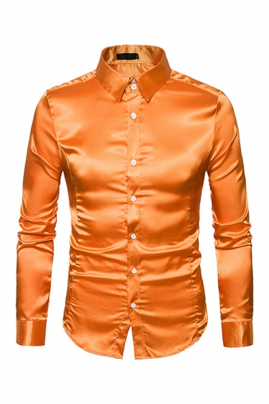 Mens Shirt Chic Solid Color Shiny Button-down Long Sleeve Point Collar Slim Fitted Shirt