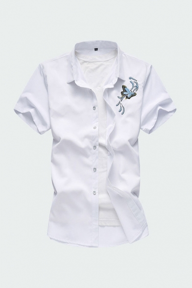Mens Shirt Trendy Butterfly Embroidered Button up Turn-down Collar Short Sleeve Slim Fitted Shirt