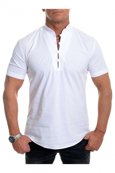 Mens Shirt Trendy Solid Color Stand Collar Button Detail Curved Hem Slim Fitted Short Sleeve Shirt
