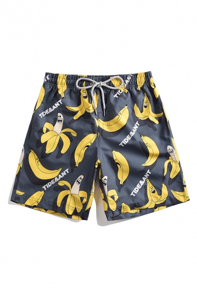 New Stylish Allover Banana Pattern Drawstring-Waist Men's Black Loose Fit Swim Shorts