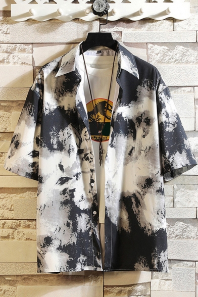 Novelty Mens Shirt Abstract Painting Turn-down Collar Button-down Relaxed Fit Half Sleeve Shirt