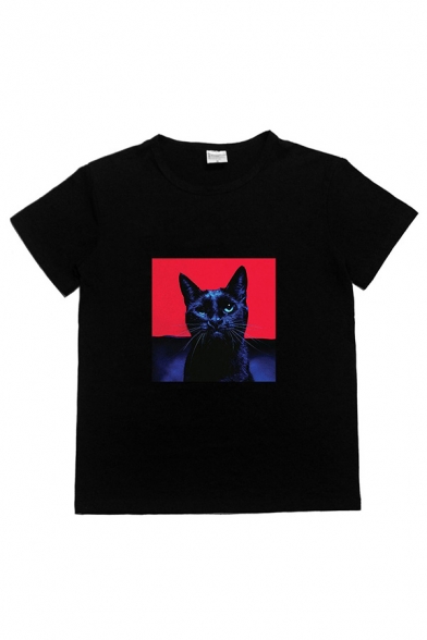 Popular Cartoon Cat Print Short Sleeve Crew Neck Relaxed Fit T-shirt in Black