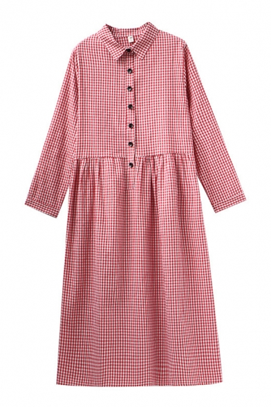 Popular Womens Checkered Pattern Long Sleeve Point Collar Button Up Linen and Cotton Mid Swing Shirt Dress