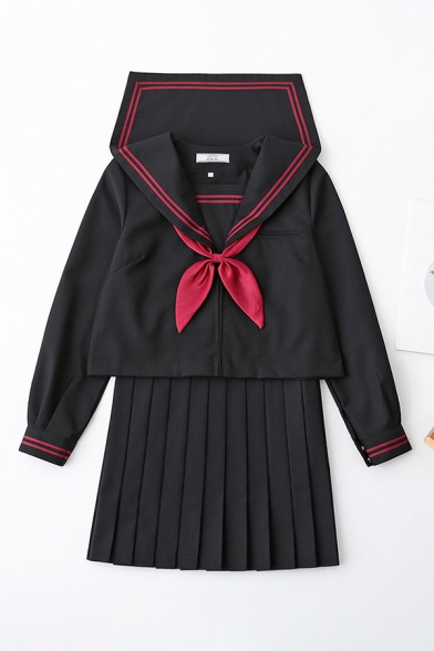 Preppy Chic Navy Collar Bowtie Front Long Sleeve Top with Mini Pleated Skirt Two Piece Sailor Suit