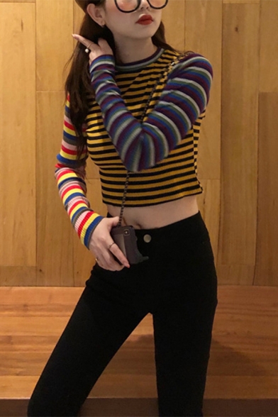 Retro Colorblocked Striped Print Round Neck Long Sleeve Slim Fit Cropped Yellow Sweater