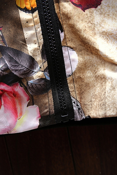 Retro Mens Jacket Butterfly Floral Leaf Pattern Cuffed Zipper Detail Stand Collar Regular Fit Long Sleeve Varsity Jacket