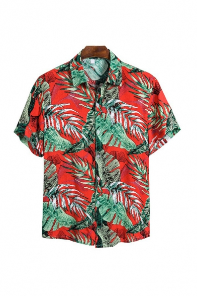 Retro Mens Shirt Leaf Pattern Button-down Short Sleeve Spread Collar Regular Fit Shirt