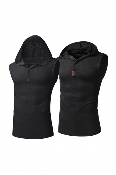 Retro Mens Tank Top Breathable Button Detail Sleeveless Slim Fitted Hooded Tank Top