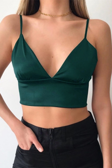 Sexy Ladies Solid Color Spaghetti Straps V-neck Slim Fit Cropped Cami Top