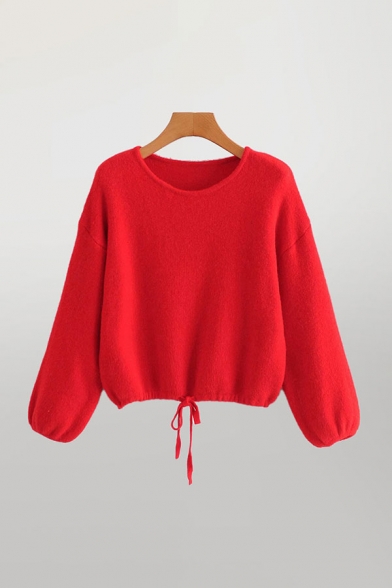 

Simple Solid Color Drawstring Hem Crew Neck Bishop Long Sleeve Loose Cropped Knitwear Pullover Sweater for Ladies, Blue;red;white, LM684579