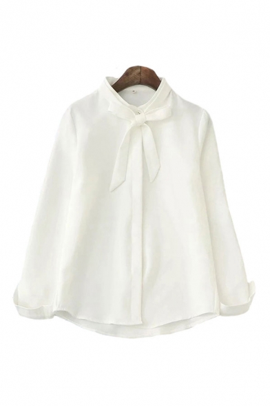 

Simple White Chiffon Long Sleeve Bow Tied Neck Button Up Curved Hem Relaxed Shirt for Ladies, LM687065