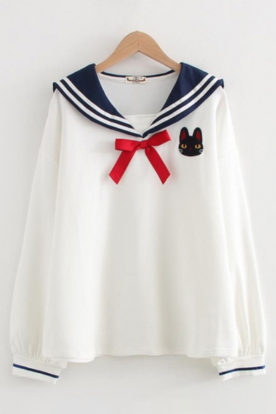 Students Preppy Style Cat Print Embroidery Tied Sailor Collar Long Sleeve Pullover Sweatshirt