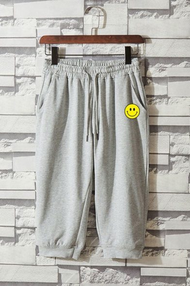 Stylish Mens Shorts Smile Face Pattern Pocket Drawstring Cuffed Mid Rise Regular Fitted Shorts