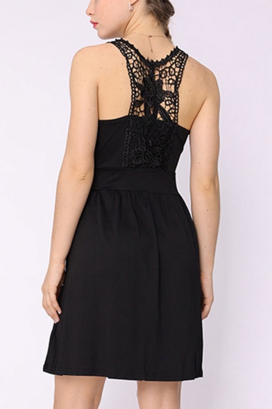 Stylish Solid Color Hollow Out Lace U-Shaped Collar Sleeveless Mini A-Line Dress for Women