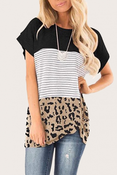 Stylish Womens Striped Leopard Print Color Block Twist Hem Crew Neck Short Sleeve Relaxed  Tunic Tee Top