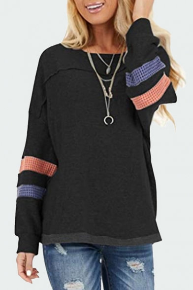 

Stylish Womens Striped Patchwork Crew Neck Long Sleeve Loose Fit Tee Top, Black;blue;green;white;purple, LM682317