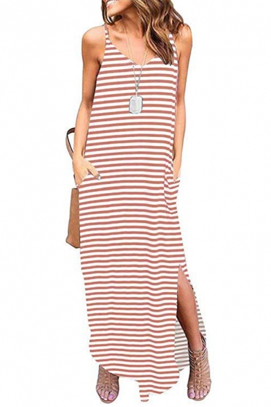 

Summer Classic Striped Print Spaghetti Strap Loose Split Hem Maxi Slip Dress, Blue;red, LM515241