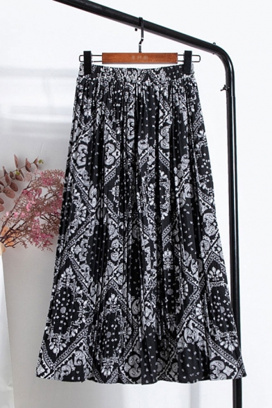 Unique Womens Skirt Paisley Floral Scarf Pattern Pleated High Waist Elastic Maxi A-Line Skirt