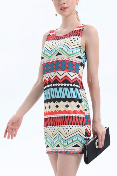 Vintage Geometric Pattern Bohemian Style Round Neck Sleeveless Mini Bodycon Tank Dress for Women