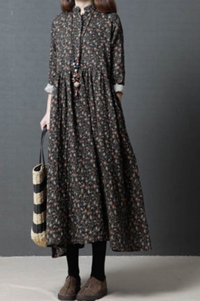 Vintage Ladies Ditsy Flower Printed Long Sleeve Collarless Button Up Linen and Cotton Midi Swing Dress