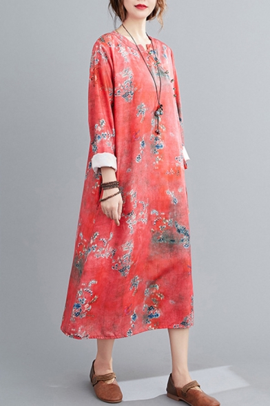 Vintage Womens Tie Dye Chinese Style Flower Print Tie Waist Button Detail Notched Collar Long Sleeve Oversize Midi Cheongsam Dress