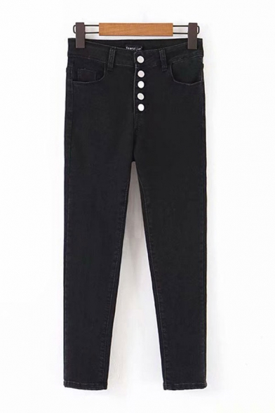 

Womens Jeans Trendy Black Plain Stretch Front Button Detail Zipper Fly Slim Fit 7/8 Length Tapered Jeans, LM686819