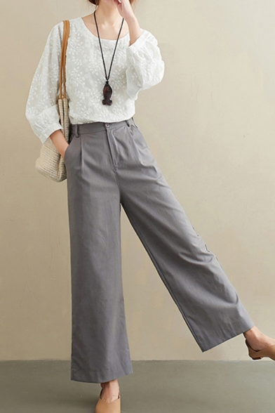 Womens Leisure Solid Color Linen and Cotton High Waist Ankle Length Wide-leg Pants