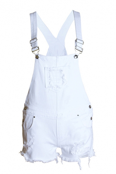 Womens Overalls Shorts Unique Solid Color Ripped Frayed Cuffs Button Detail White Denim Overalls Shorts