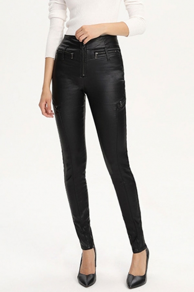 Womens Pants Black Fashionable Solid Color PU Leather Zipper Embellished Ankle Length Slim Fit Tapered Pants