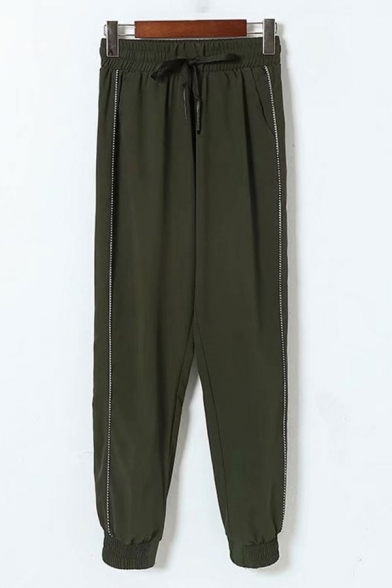 Womens Pants Chic Piping Cuffed Drawstring Waist Ankle Length Loose Fit Tapered Relaxed Pants