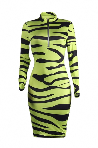Womens Popular Zebra Printed Long Sleeve Zip Front Green Midi Bodycon Party Dress