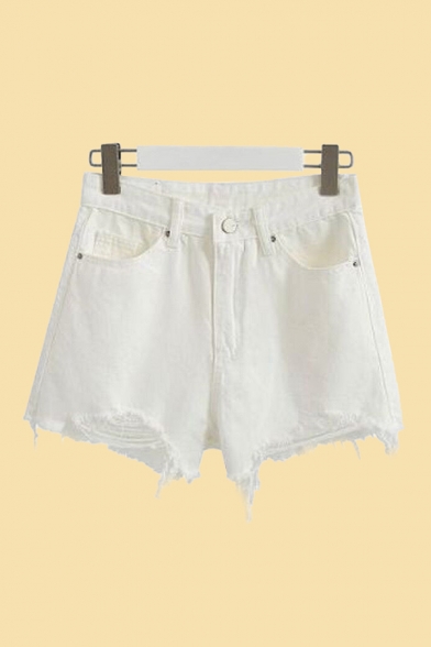 Womens Shorts Casual Solid Color Faded Wash Frayed Hem Zipper Fly A-Line Regular Fitted Denim Shorts