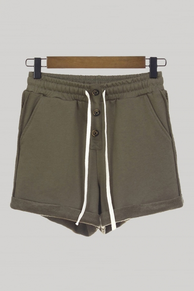 Womens Shorts Creative Plain Button Detail Roll-up Drawstring Waist Regular Fitted Sweat Shorts