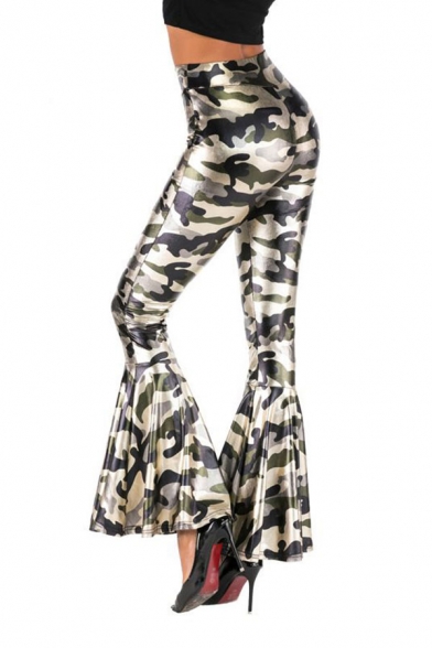 Womens Trendy Trousers Camouflage Animal Leopard Pattern Flared Full Length High-rise Elastic Waist Ruffled Trousers