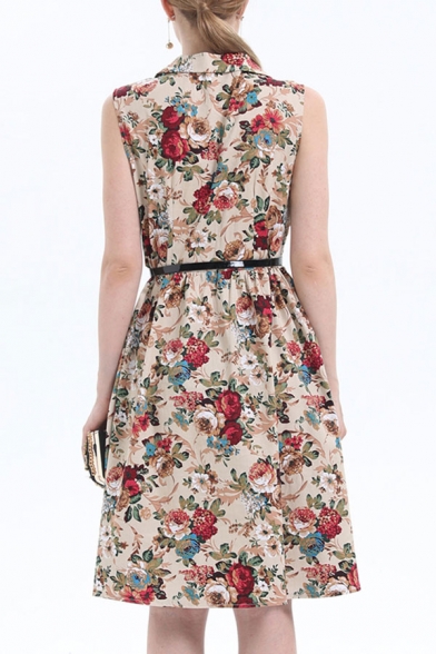 Apricot Stylish All over Floral Print Belted Button Front Lapel Collar Sleeveless Midi A-Line Dress for Women