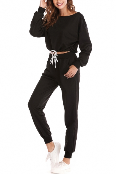 Athletic Solid Color Drawstring Hem Long Sleeve Crew Neck Regular Fit Crop Pullover Sweatshirt & Cuffed Ankle Length Tapered-Leg Pants Set
