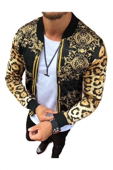 Basic Mens Jacket Leopard Skin Floral Swirl Printed Zipper down Stand Collar Long Sleeve Slim Fitted Varsity Jacket
