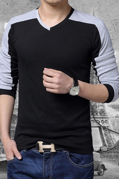 Basic Mens Tee Top Contrasted Panel Cotton Slim Fitted Long Sleeve V Neck Tee Top