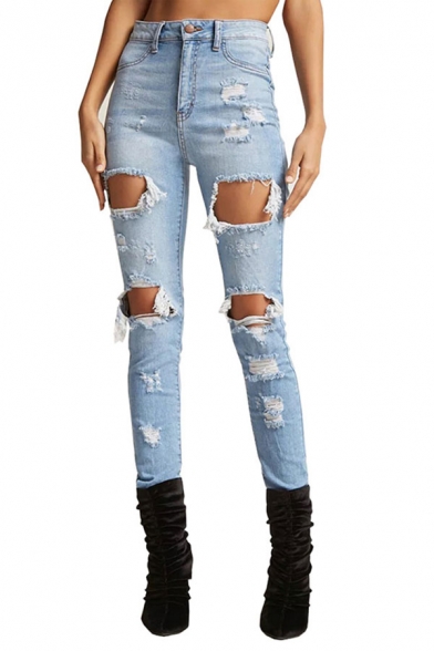 Basic Womens Blue Jeans Light Wash Distressed Hole High Rise Zipper Fly Ankle Length Slim Fit Tapered Jeans