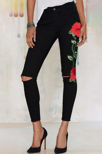 Black Basic Womens Jeans Rose Embroidery Ripped Zipper Fly Ankle Length Slim Fit Tapered Jeans