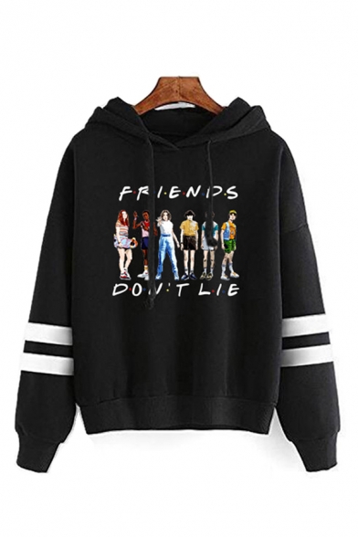 Cartoon Letter Friends Graphic Varsity Striped Long Sleeves Drawstring Loose Fit Fashionable Hoodie in Black